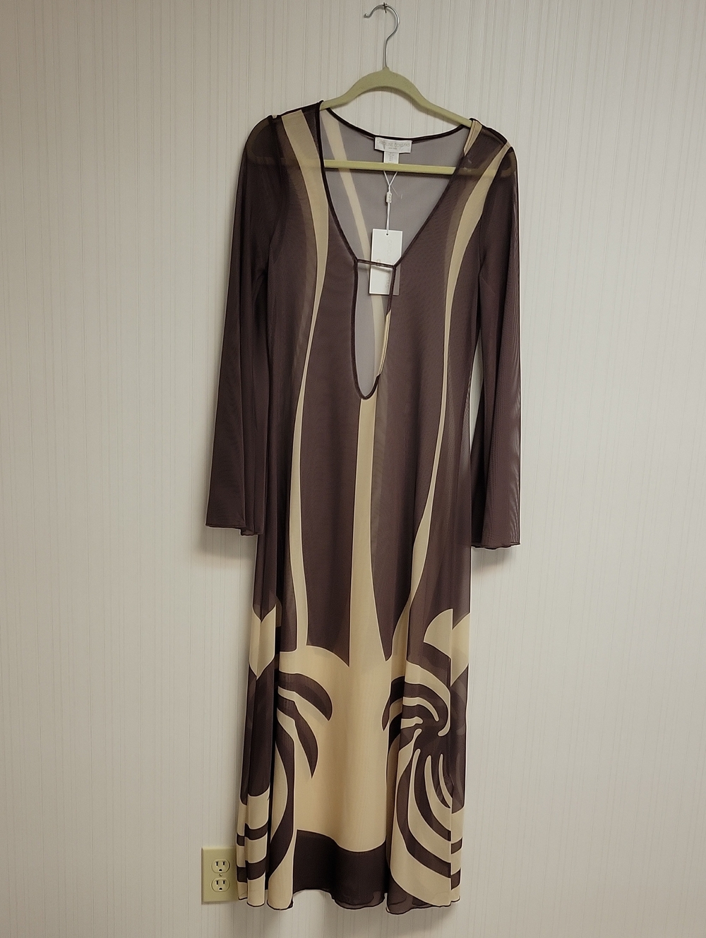 Caroline Constas V-Neck Printed Maxi Dress Brown & Cream New Small Beach Resort